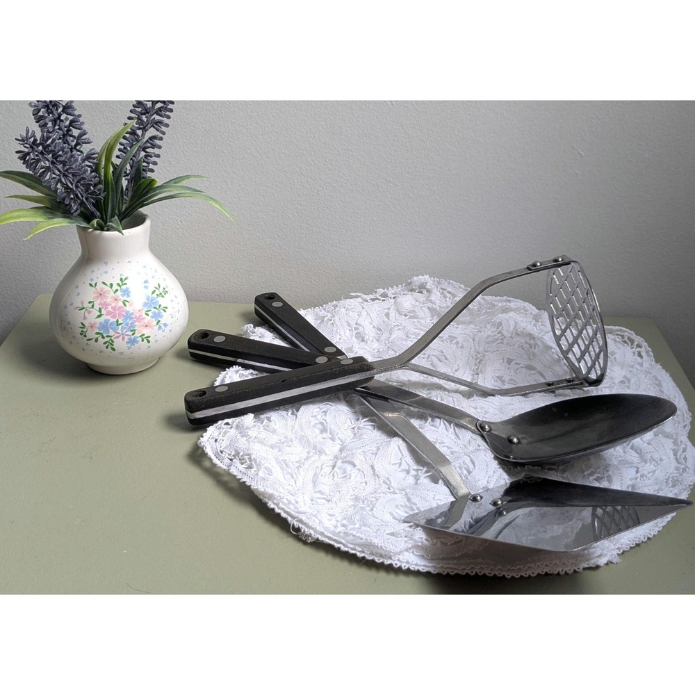 Vintage 3 Piece Stainless Steel Kitchen Utensil Set Black Riveted Handles